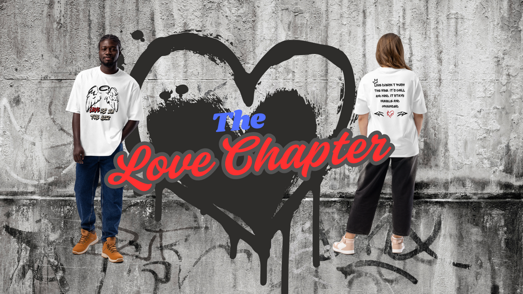 White oversized street tee with graffiti-style lettering on the back, and raw, hand-tagged "Love is in the Air" artwork on the front. A bold statement in urban fashion.