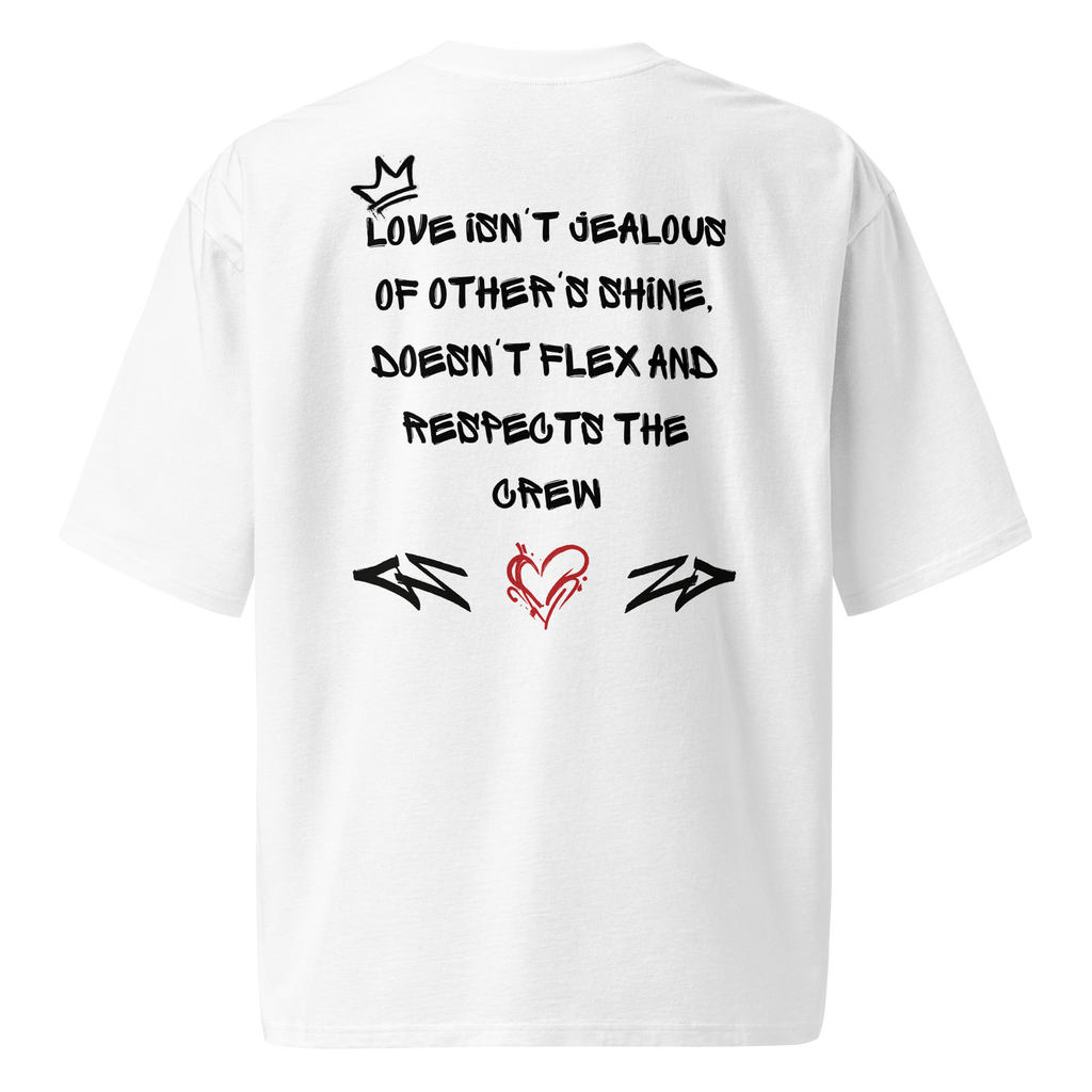 Oversized white streetwear t-shirt with bold graffiti lettering on the back and a raw, hand-tagged "Love is in the Air" design on the front. Urban, artistic, and built for everyday wear.