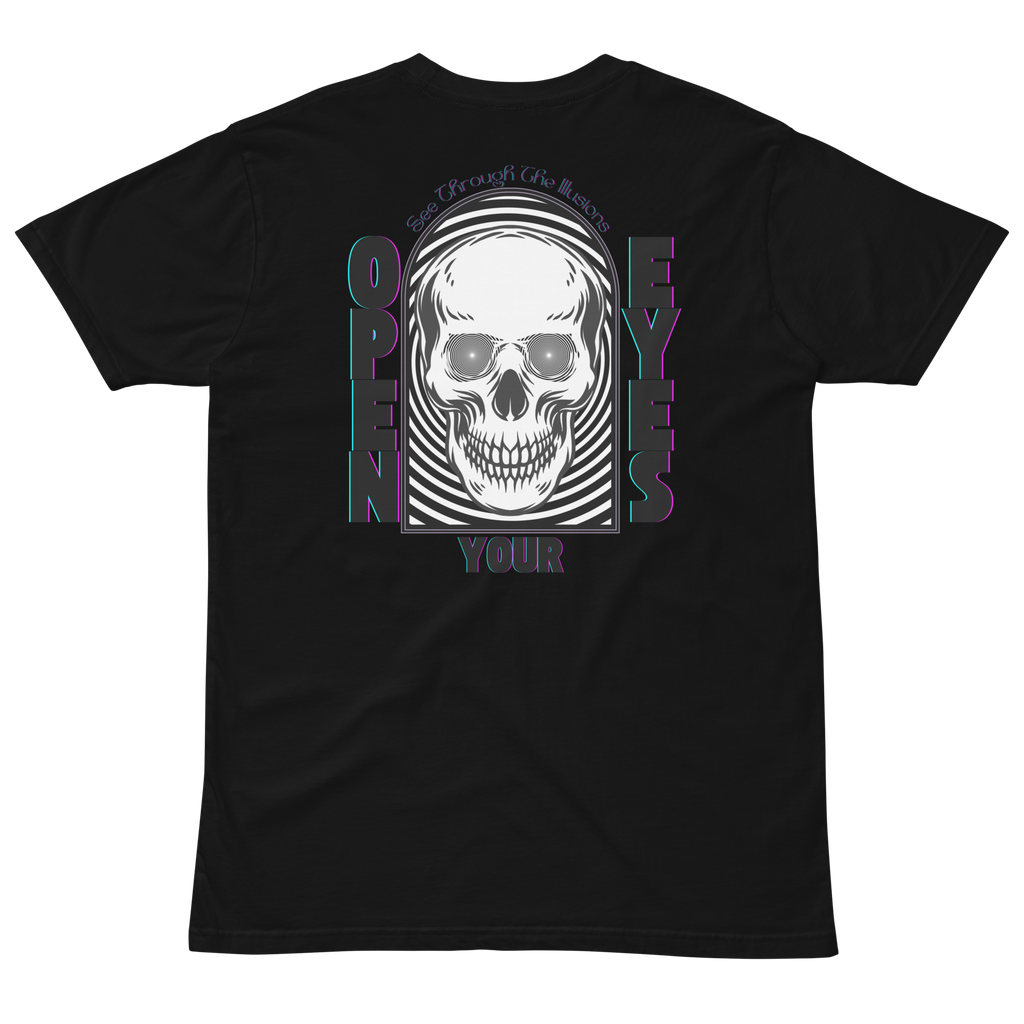 "Open Your Eyes" Tee:
A streetwear tee featuring a hypnotic-eyed skull with a spiral illusion behind it, plus a glitched "Thank The WaveMaker" logo in purple and teal. The back features the same skull inside an arched frame, with the words "Open Your Eyes" and "See Through the Illusions" in a glitch font, reminding wearers to question reality.