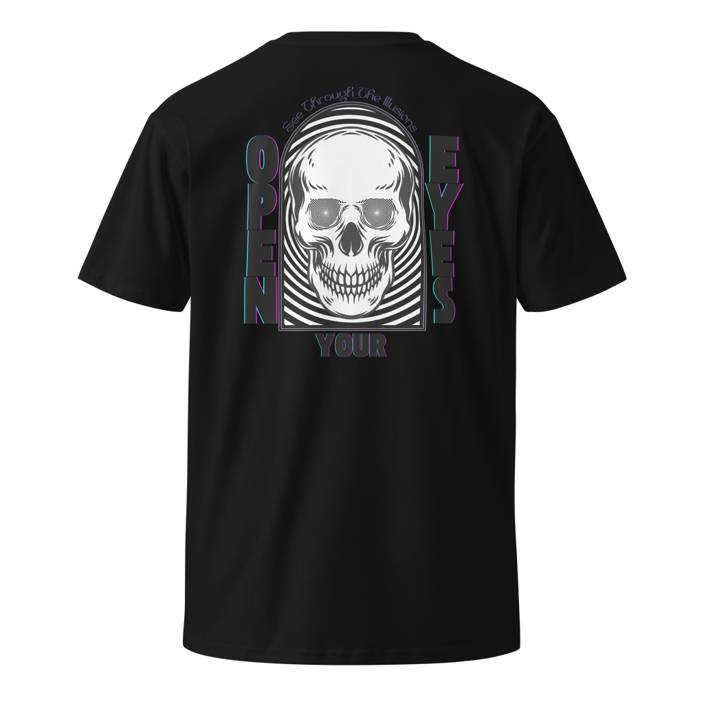 "Open Your Eyes" Tee:
A streetwear tee featuring a hypnotic-eyed skull with a spiral illusion behind it, plus a glitched "Thank The WaveMaker" logo in purple and teal. The back features the same skull inside an arched frame, with the words "Open Your Eyes" and "See Through the Illusions" in a glitch font, reminding wearers to question reality.