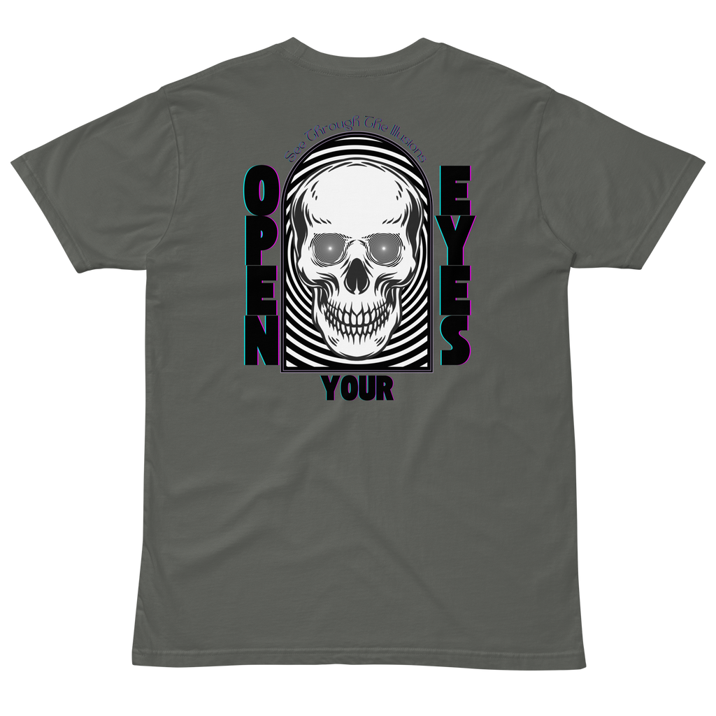 "Open Your Eyes" Tee:
A streetwear tee featuring a hypnotic-eyed skull with a spiral illusion behind it, plus a glitched "Thank The WaveMaker" logo in purple and teal. The back features the same skull inside an arched frame, with the words "Open Your Eyes" and "See Through the Illusions" in a glitch font, reminding wearers to question reality.