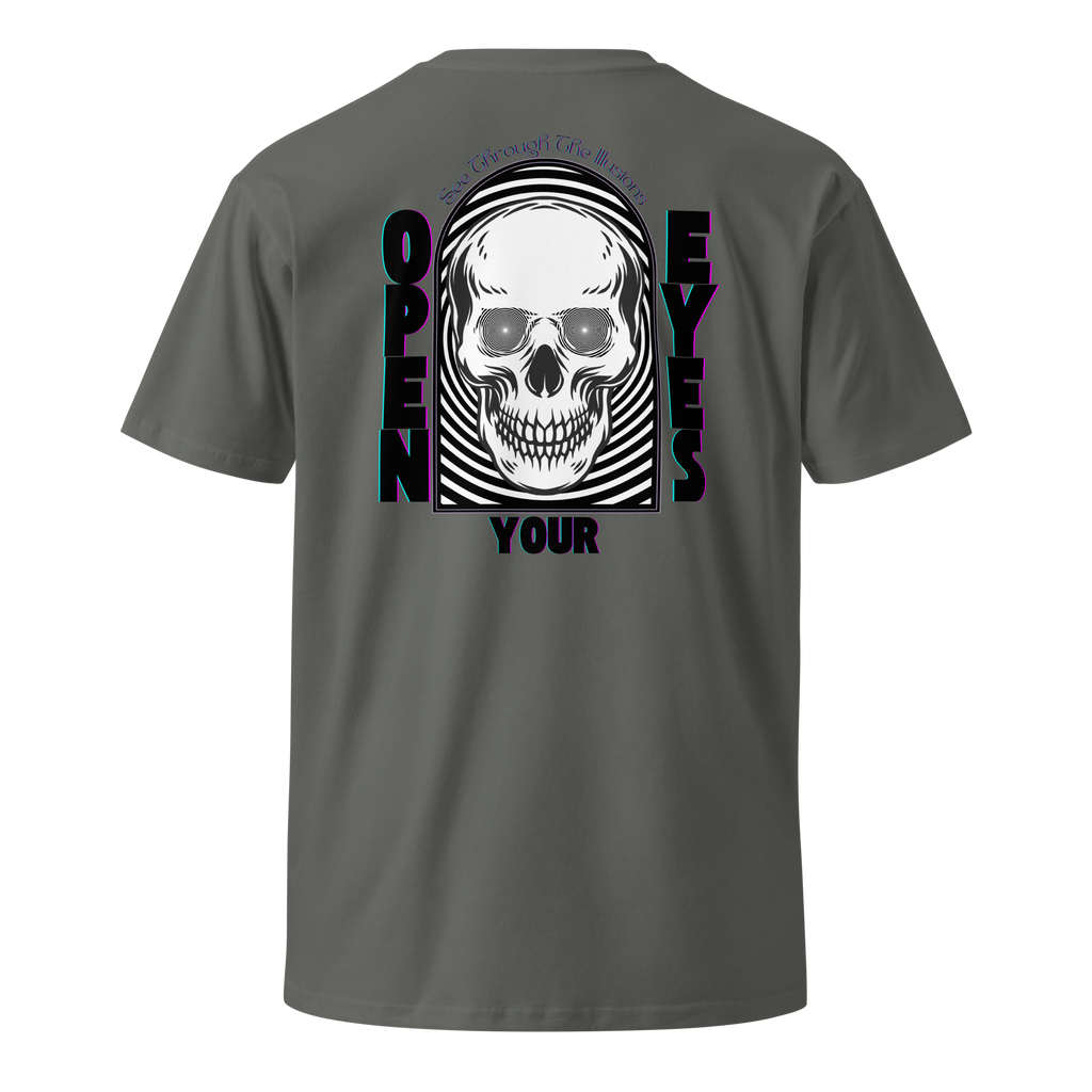 "Open Your Eyes" Tee:
A streetwear tee featuring a hypnotic-eyed skull with a spiral illusion behind it, plus a glitched "Thank The WaveMaker" logo in purple and teal. The back features the same skull inside an arched frame, with the words "Open Your Eyes" and "See Through the Illusions" in a glitch font, reminding wearers to question reality.