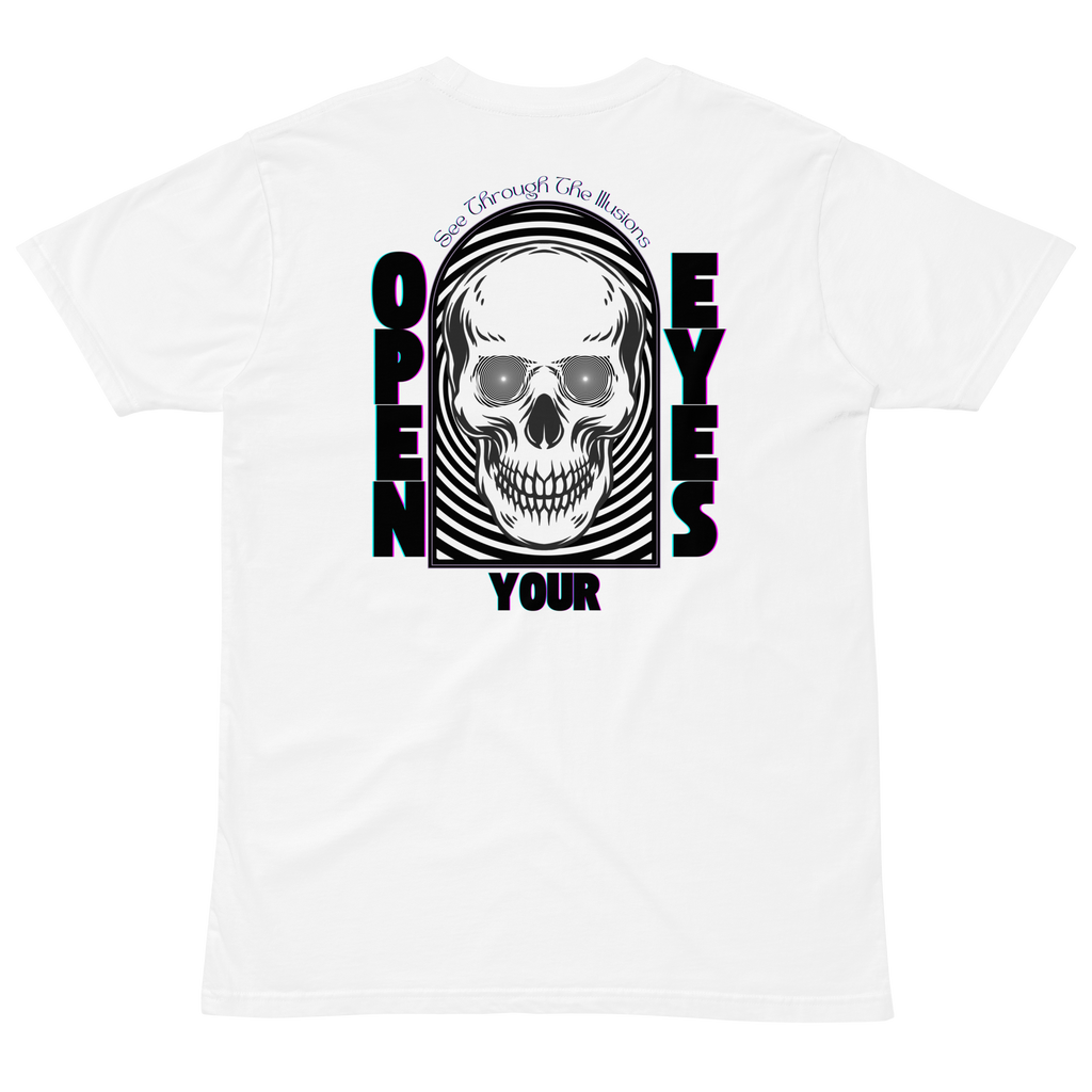 "Open Your Eyes" Tee:
A streetwear tee featuring a hypnotic-eyed skull with a spiral illusion behind it, plus a glitched "Thank The WaveMaker" logo in purple and teal. The back features the same skull inside an arched frame, with the words "Open Your Eyes" and "See Through the Illusions" in a glitch font, reminding wearers to question reality.