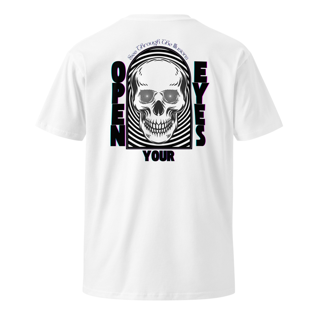 "Open Your Eyes" Tee:
A streetwear tee featuring a hypnotic-eyed skull with a spiral illusion behind it, plus a glitched "Thank The WaveMaker" logo in purple and teal. The back features the same skull inside an arched frame, with the words "Open Your Eyes" and "See Through the Illusions" in a glitch font, reminding wearers to question reality.